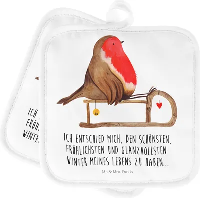 Produktbild von Mr. & Mrs. Panda Topflappen Rotkehlchen Schlitten - Weiß - Geschenk, Weihnachten, Doppel, Topfuntersetzer, Set, Ofenlappen, Vogel, topfhalter