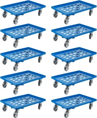 Produktbild von SparSet 10x Transportroller für Euroboxen 60x40cm mit Gummiräder blau | Gitter/Rasterdeck | 4 Lenkrollen | Traglast 300kg | Kistenroller Logistikroller Rollwagen Profi-Fahrgestell