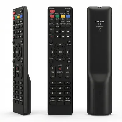 Three views of a black remote control against a white background.