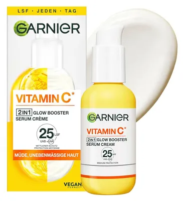Produktbild von Garnier SkinActive Vitamin C 2in1 Glow Booster Serum Creme, Unisex, Universalhülle, Aufhellend, Feuchtigkeitsspendend, Glättend, AQUA / WATER AQUA/WATER Gereinigt und sterilisiert, trägt AQUA/WATER (Wasser) dazu bei, die..., С, Die Garnier Vitamin C 2in1 Glow Booster Serum Crème eignet sich optimal für die tägliche...