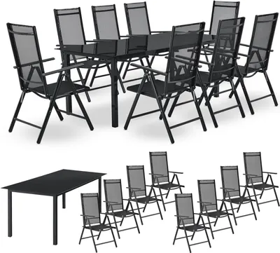 A set of outdoor dining furniture, including a table and chairs, displayed on a white background.