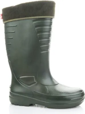 A single green rubber boot with a brown knitted cuff is shown against a white background.