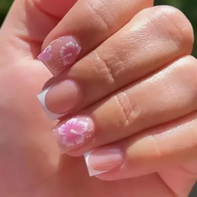 Productafbeelding van Kunstnagels, roze met bloemenprint, 24 stuks, vierkant, zelfklevend