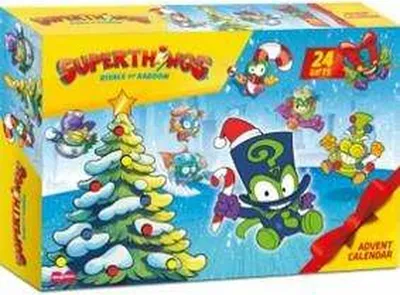 A colorful advent calendar box featuring cartoon characters and a Christmas tree.