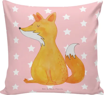 Produktbild von Mr. & Mrs. Panda kissen bedruckt Einhorn Fuchs - Rot Pastell - Geschenk, Einhörner, zier, Sofakissen, Unicorns, Couchkissen, Füchse, Unicorn, kuschelkissen 40x40, Polster