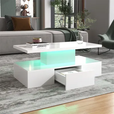 Obrázok produktu pre Konferenčný stolík Fortuna Lai, stolík do obývačky s 2 odkladacími priestormi a LED diódou 39x100x50cm biely vysoký lesk