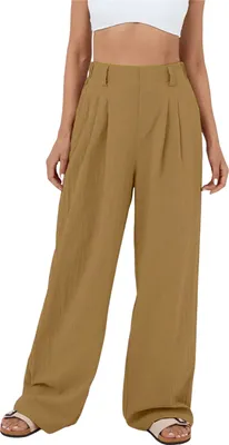 Produktbild von ASKSA Damen Weite Bein Hose Hohe Taille Laessig Sommerhose Einfarbig Freizeithose mit Taschen, Gelb, Groesse: L