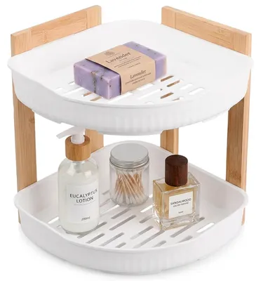 Image de Étagère de salle de bain - Étagère d'angle pour douche - Deux niveaux - Fixation murale - Plastique - 24 x 24 x 27 cm - Blanc