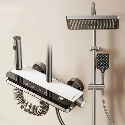 Produktbild von Duschsystem Regendusche mit Digitalanzeige - Duscharmatur Set - Temperaturanzeige - Quadratischer Duschkopf - Bidet Handbrause - Höhenverstellbar Weiß Warm/Kalt