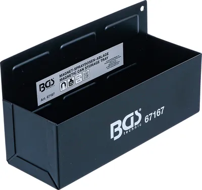 A black magnetic storage tray for cans, mounted on a white background.
