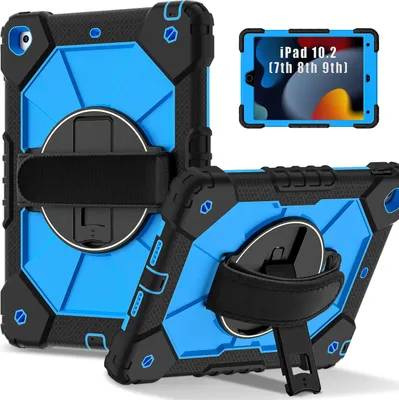 Produktbild von Hülle für iPad 9th/8th/7th Gen, iPad 10,2 Zoll 2021/2020/2019 Tablette Schutzhülle Stoßfeste mit 360 Drehbarer Handschlaufe/Ständer Schwarz Blau