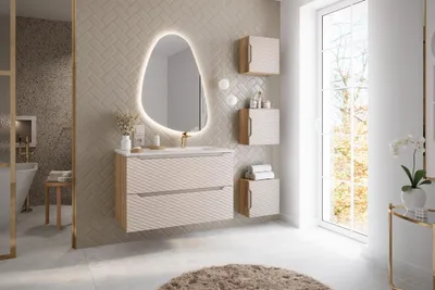Productafbeelding van Badmeubelset 5-delig, badkameraccessoireset LAXY, eikenhout, beige, kast 90 cm, inclusief wastafel