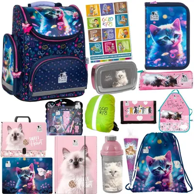 Produktbild von Schulranzen für Jungen und Mädchen - Schul-Rucksack für Kinder mit Schuhbeutel Federmäppchen mit Ausstattung- Hausaufgabenheft - Katze Motiv