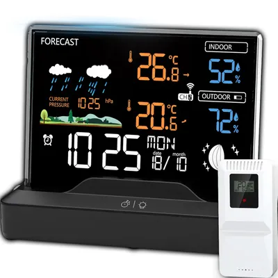 Produktbild von Funk-Wetterstation mit Außensensor und Wettervorhersage Innen und Außen Thermometer Luftfeuchtigkeit Reichweite 80m LCD Display Schwarz Retoo