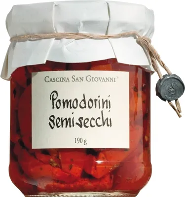 Produktbild von Cascina San Giovanni Pomodorini semisecchi sott`olio / Halbgetrocknete Kirschtomaten in Öl 190 gr.