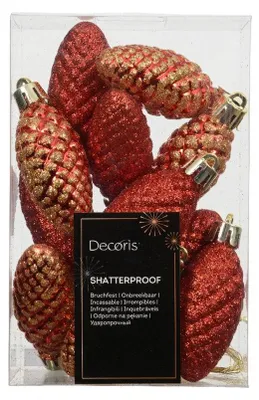 Productafbeelding van Dennenappel kunststof L9b5h14 cm rood 12 st Shatterproof Decoris