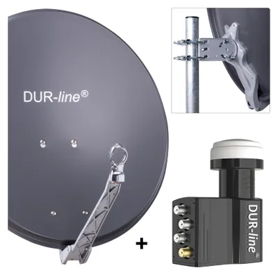 A satellite dish, its mounting hardware, and a satellite receiver are displayed against a white background.