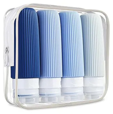 Produktbild von 4er-Set 90-ml-Reiseflaschen zum Nachfüllen, tragbar, auslaufsicher, wiederverwendbar, für Lotion, Shampoo, Mundwasser, Kosmetik, zum Ausdrücken, leerer Behälter für Toilettenartikel