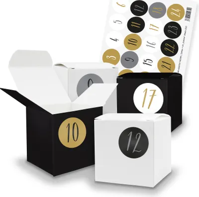 Produktbild von itenga SET V17 Adventskalender Würfelbox klein, Schwarz Weiß + Sticker Z54