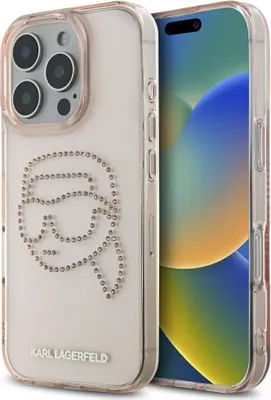 A Karl Lagerfeld phone case with rhinestones is shown next to an iPhone.
