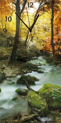 Produktbild von Wallario Design Wanduhr Wasserfall mit moosbedeckten Steinen im Herbstwald aus Echtglas, Größe 30 x 60 cm
