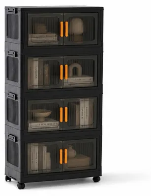 Produktbild von Aufbewahrungsbox EasyCube stapelbar mit 4 Ebenen und Rollen | HxBxT 25,5x48x28 | 28 L pro Ebene | Transparante und magnetische Türen | Schwarz-Transparent
