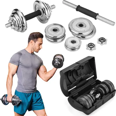 A man is shown lifting dumbbells as part of a workout, with various dumbbell components and a carrying case displayed around him.