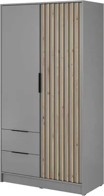 A grey wardrobe with wooden slats on one door.