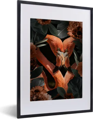 Produktbild von MuchoWow® MuchoWow® Gerahmtes Poster Flamingo - Blätter - Blumen 30x40 cm - Poster mit zchwarzem Bilderrahmen - Wandposter Schlafzimmer