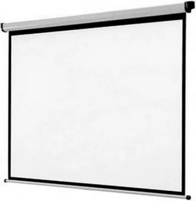 A white projection screen is shown, mounted on a wall or ceiling.