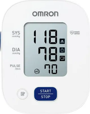 A white Omron blood pressure monitor is shown against a white background.