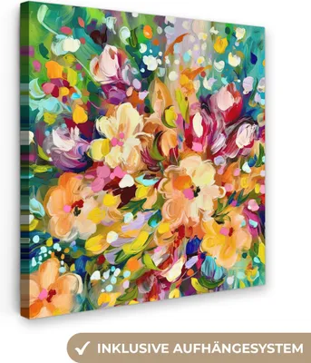 Produktbild von MuchoWow® - Leinwandbilder - Gemälde - Ölfarbe - Blumen - Regenbogen, Wandbild, Wanddeko Bilder Wohnzimmer, 20x20 cm