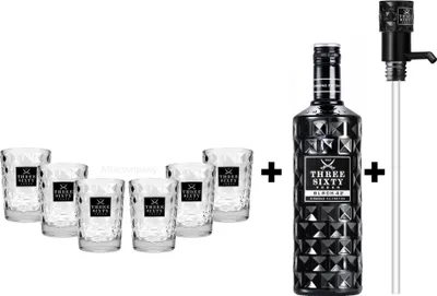 Produktbild von Three Sixty Set Geschenkset ? Three Sixty Black Vodka Wodka 3L 3000ml (42% Vol) + 6x Tumbler 0,2l 200ml Facettenschliff Glas + Pumpe- [Enthält Sulfite]
