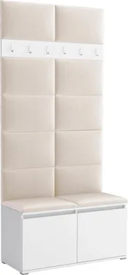 Produktbild von Garderoben-Set Noris I, gepolsterte Garderobe 100 cm mit Sitzbank, Wandpaneelen und Haken (Farbe:weiß + Trinity 01)