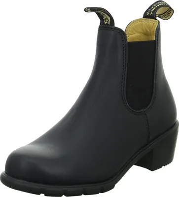 A black leather Chelsea boot with a heel, shown from a side angle against a white background.
