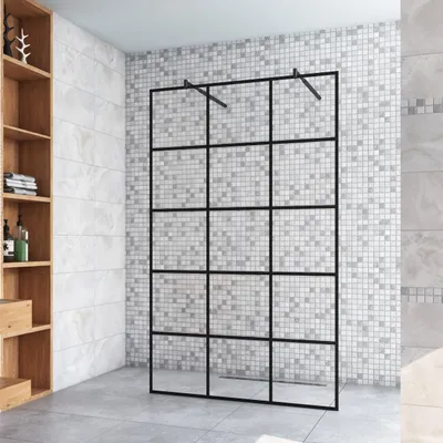 Produktbild von 117.7x200cm+ mit 2 70-120cm Schwarz Stabilisator 8mm Nano Sicherheitsglas Walk in Gittermuster Streifen Duschwand Duschabtrennung