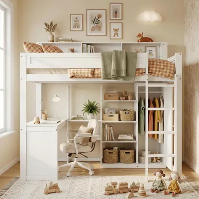 Zdjęcie produktu dla Łóżko piętrowe 90x200 cm wykonane z drewna sosnowego, MDF i sklejki, w kolorze białym, wyposażone w biurko, szafę, półki oraz czterostopniową drabinkę, idealne do pokoju dziecięcego