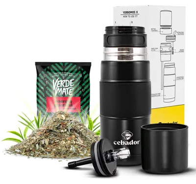Produktbild von Verde Mate - Mate Tee Set Energia Guarana 50g - Yerbomos X 3in1 Thermoskanne 450ml - Dicke Blätter 5mm - Fruchtig - Luftgetrocknet, Mild - Brasilien