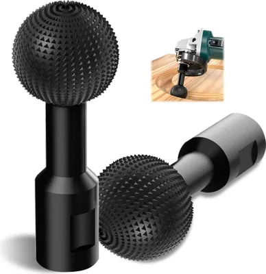 Two black ball-shaped carving bits with textured surfaces are displayed against a white background, with a smaller inset image showing one bit attached to a grinder working on wood.