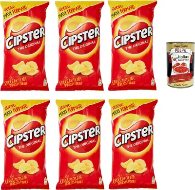Produktbild von Saiwa Chips Cipster Crisps snack 6x 150gr kartoffel kartoffelchips gesalzen, Die originalen, knusprigen Kartoffelchips, leichten Geschmack und ikonische Form + Italian Gourmet polpa 400g