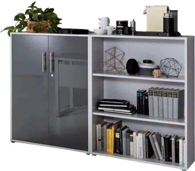 Produktbild von Aktenschrank TABOR 1 niedrig in lichtgrau / anthrazit Hochglanz, Schrankwand, Büroschrank, abschließbar, Metallgriffe