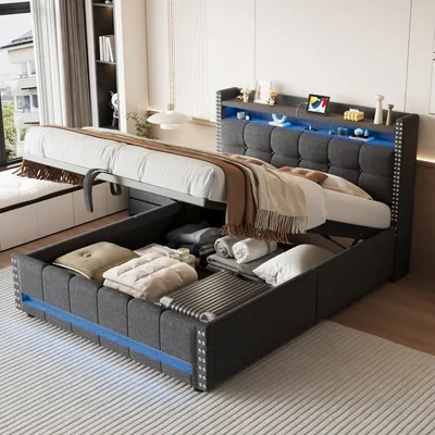 Produktbild von okwish Polsterbett Doppelbett 140 x 200 cm mit LED-Beleuchtung und USB-Steckdose, Hydraulisches Stauraumbett mit Bettkasten Stauraum und Kopfteil Stauraum(Ohne Matratze)- Grau