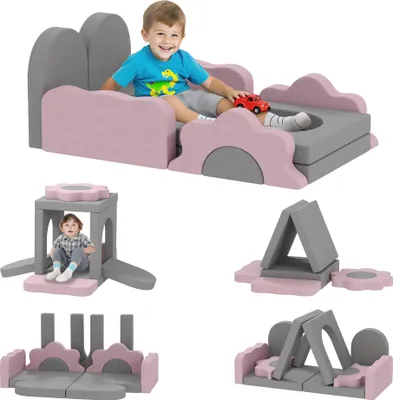 Zdjęcie produktu dla Sofa do zabawy AIYAPLAY, sofa dziecięca wykonana z piankowych klocków konstrukcyjnych 12 elementów, miękkie klocki do wspinaczki z basenem z piłeczkami, zestaw klocków, duże klocki, piankowe klocki do wspinaczki dla dzieci w kolorze sztruksowym, szare