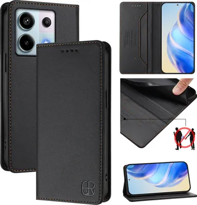 Immagine prodotto di Custodia in pelle per Xiaomi Redmi Note 13 Pro 5G/Poco X6 5G, flip case con slot per carte, portafoglio e supporto Nero