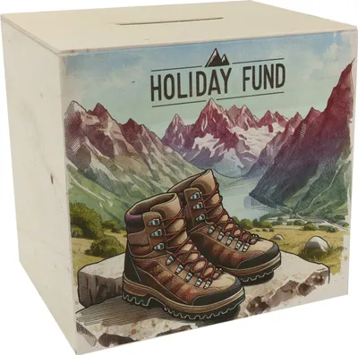 Produktbild von Urlaub in den Bergen Urlaubskasse Spardose aus Holz mit Spruch Holiday Fund