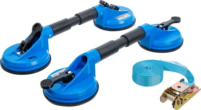 Immagine prodotto di BGS 7997 | Set di supporto per parabrezza | 3 pezzi | Doppia ventosa in gomma + cinghia a cricchetto | Sollevatore a ventosa | Ventosa | Ventosa in gomma