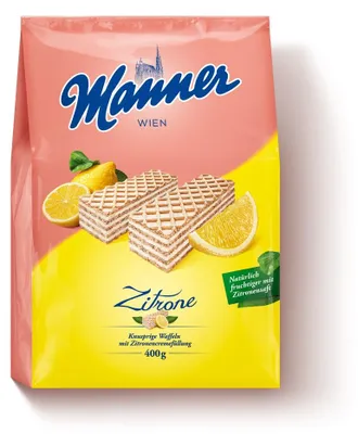 Obrázek produktu pro Křupavé oplatkové plátky Manner s citronovou krémovou náplní 400g