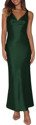 Produktbild von VUBIYA Elegantes Maxikleid für Damen, Satin, V-Ausschnitt, rückenfrei, ärmellos,