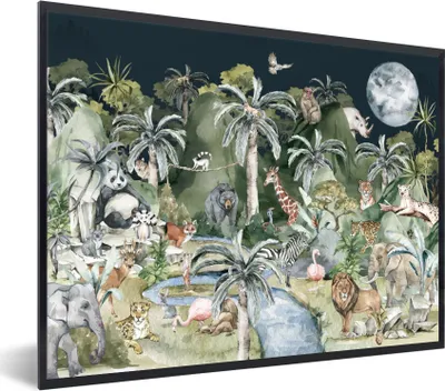Produktbild von MuchoWow® Gerahmtes Poster Kinder - Dschungel - Natur - Tiere - Pflanzen 80x60 cm - Poster mit Schwarzem Bilderrahmen Wandposter Rahmen Foto Bilder - Schwarzem - Mit Gestell
