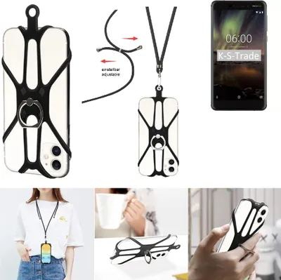 Produktbild von K-S-Trade 3in1 Handykette Handyband Handykordel Halsband Smartphone-Ring Handy-Ring kompatibel mit Nokia 6.1 Fingerhalterung Handyring Tischständer
